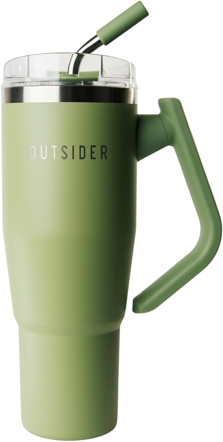 The Everyday 40 oz Stainless Steel Vacuum Insulated Tumbler with Straw, Lid & 180° Swivel Handle for Easy Carrying – Leak Proof Tumbler for Home, Office, Gym, & Outdoors (Olive Green)