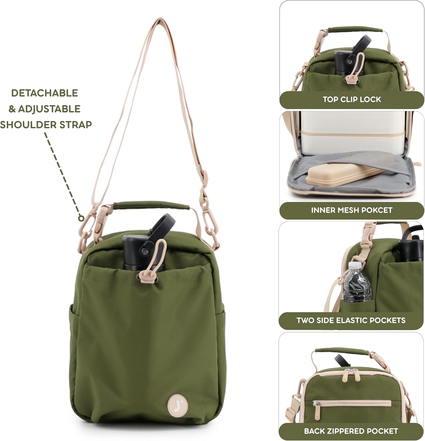 Cole Insulated Lunch Bag with Water Bottle Holder. 40oz Water Bottle Carrier Compatible w/ 40 oz Owala/Stanley Cups. Tall Thermal Crossbody Lunch Box with Strap, Olive Green
