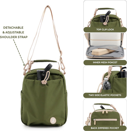 Cole Insulated Lunch Bag with Water Bottle Holder. 40oz Water Bottle Carrier Compatible w/ 40 oz Owala/Stanley Cups. Tall Thermal Crossbody Lunch Box with Strap, Olive Green
