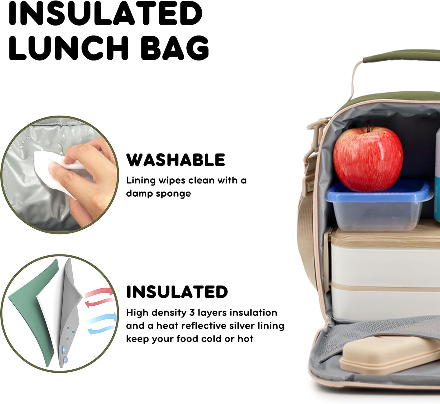 Cole Insulated Lunch Bag with Water Bottle Holder. 40oz Water Bottle Carrier Compatible w/ 40 oz Owala/Stanley Cups. Tall Thermal Crossbody Lunch Box with Strap, Olive Green