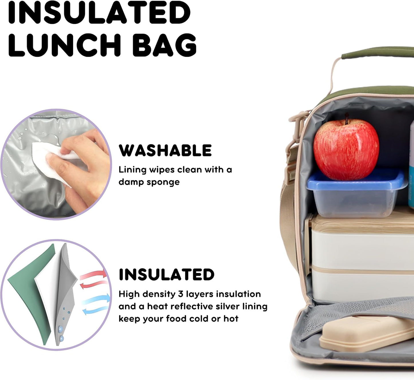 Cole Insulated Lunch Bag with Water Bottle Holder. 40oz Water Bottle Carrier Compatible w/ 40 oz Owala/Stanley Cups. Tall Thermal Crossbody Lunch Box with Strap, Olive Green