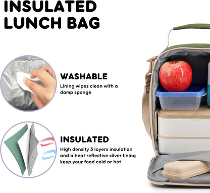 Cole Insulated Lunch Bag with Water Bottle Holder. 40oz Water Bottle Carrier Compatible w/ 40 oz Owala/Stanley Cups. Tall Thermal Crossbody Lunch Box with Strap, Olive Green