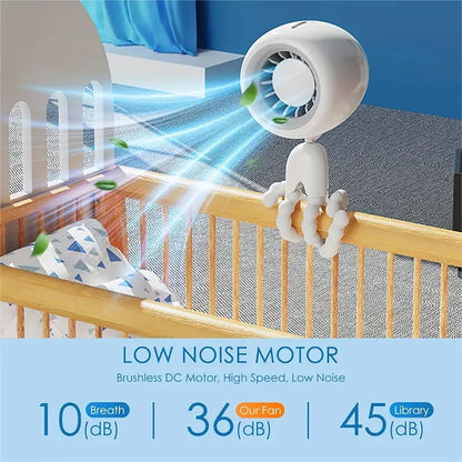 Flexible Clip-On Stroller Fan with USB Rechargeable Battery, 3 Speed Settings, 360° Rotation - Portable and Versatile Tripod Fan for Strollers, Car Seats, and Outdoor Use