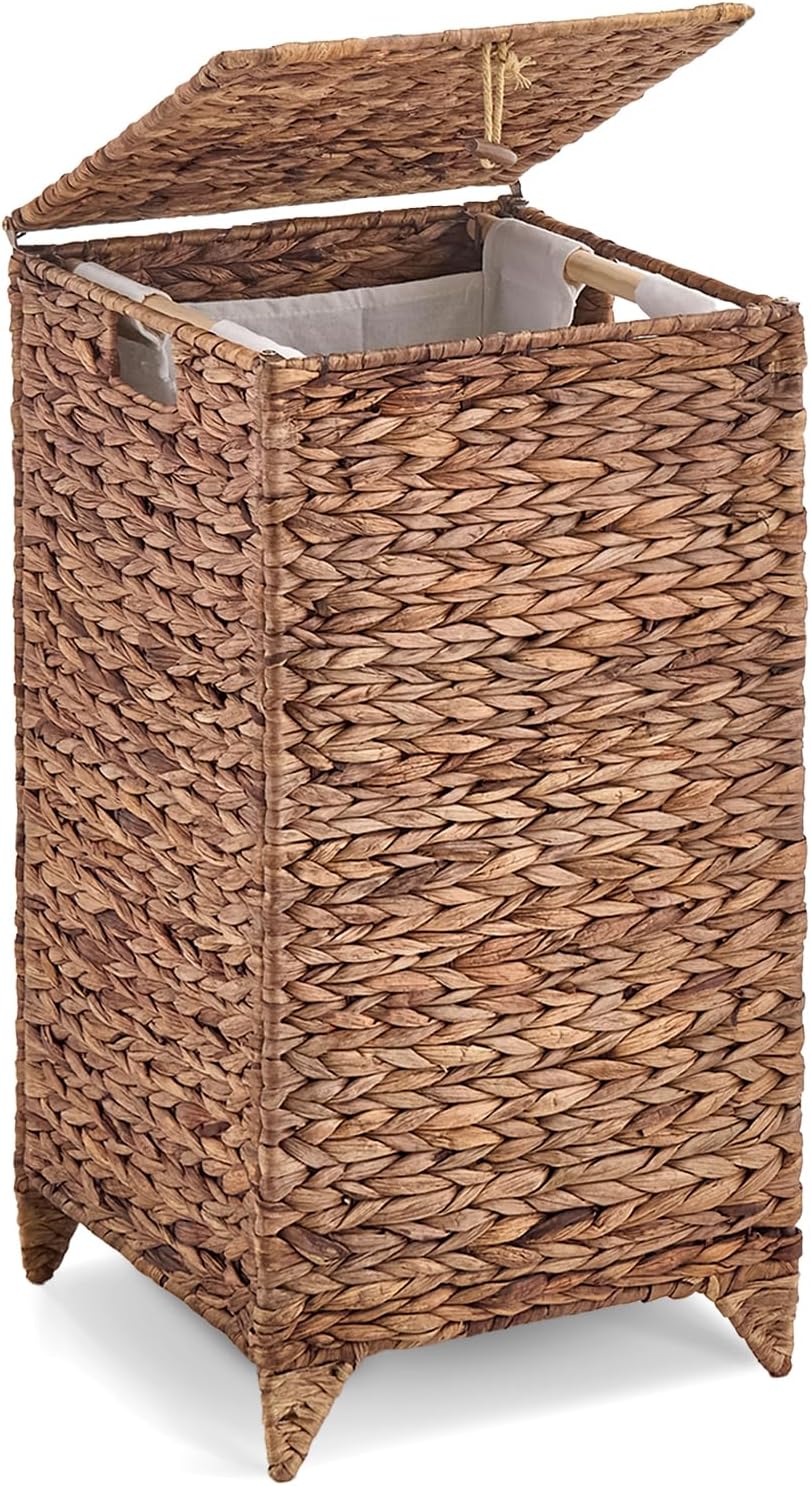 Heightened Feet Laundry Hamper with Lid, 2-Section Water Hyacinth Basket