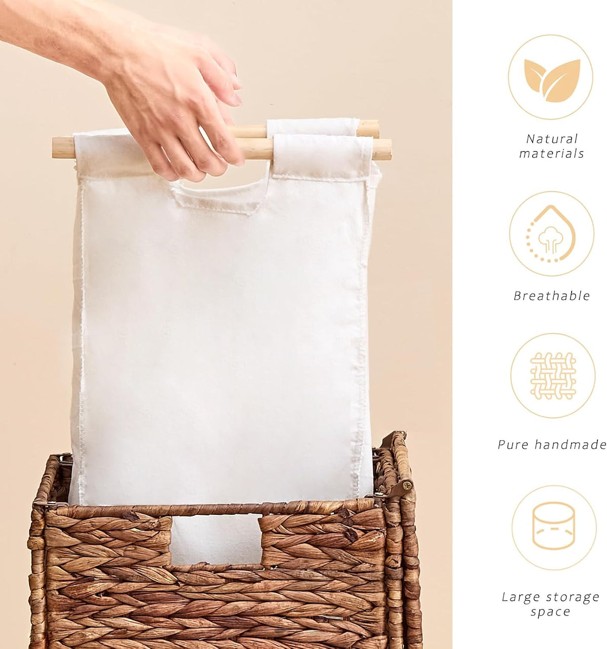 Heightened Feet Laundry Hamper with Lid, 2-Section Water Hyacinth Basket