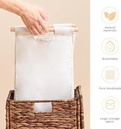 Heightened Feet Laundry Hamper with Lid, 2-Section Water Hyacinth Basket