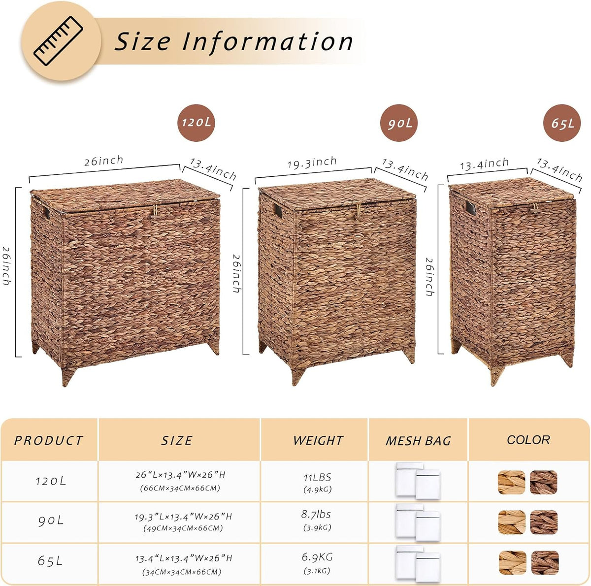 Heightened Feet Laundry Hamper with Lid, 2-Section Water Hyacinth Basket