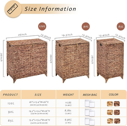 Heightened Feet Laundry Hamper with Lid, 2-Section Water Hyacinth Basket