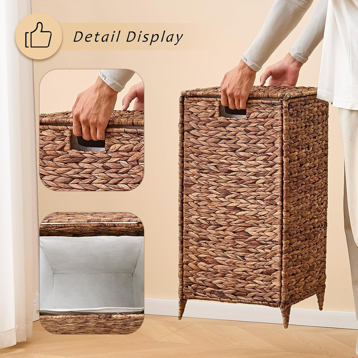 Heightened Feet Laundry Hamper with Lid, 2-Section Water Hyacinth Basket