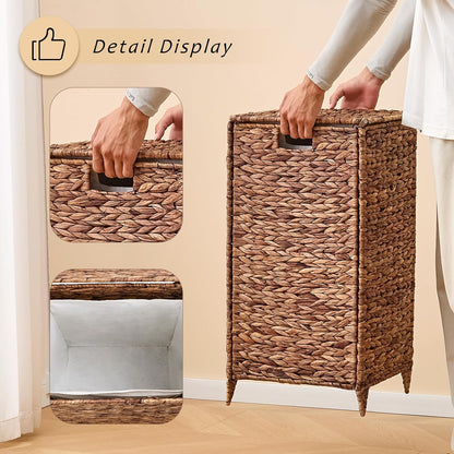 Heightened Feet Laundry Hamper with Lid, 2-Section Water Hyacinth Basket