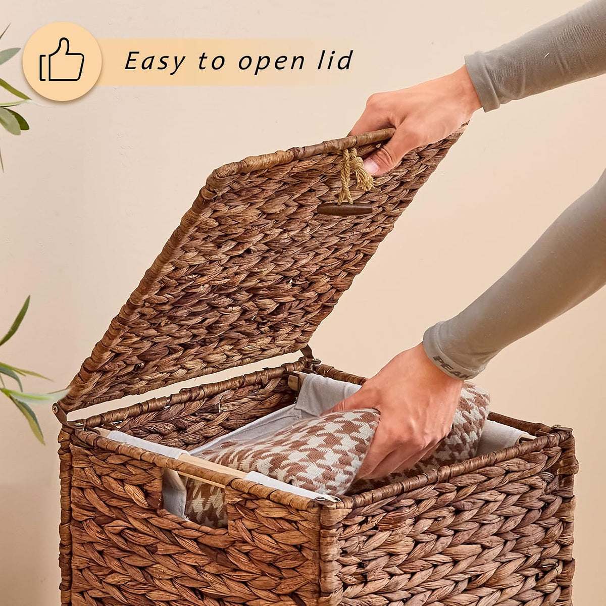 Heightened Feet Laundry Hamper with Lid, 2-Section Water Hyacinth Basket