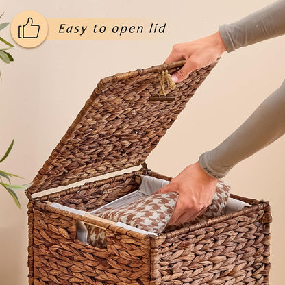 Heightened Feet Laundry Hamper with Lid, 2-Section Water Hyacinth Basket