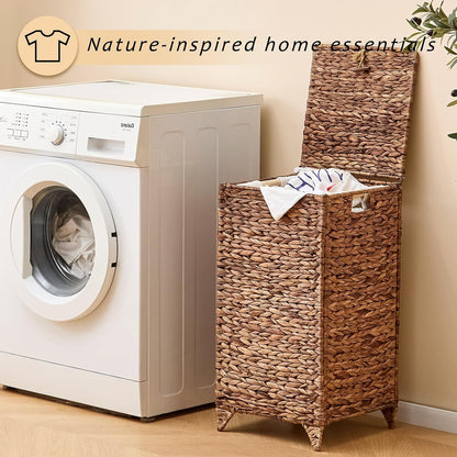 Heightened Feet Laundry Hamper with Lid, 2-Section Water Hyacinth Basket