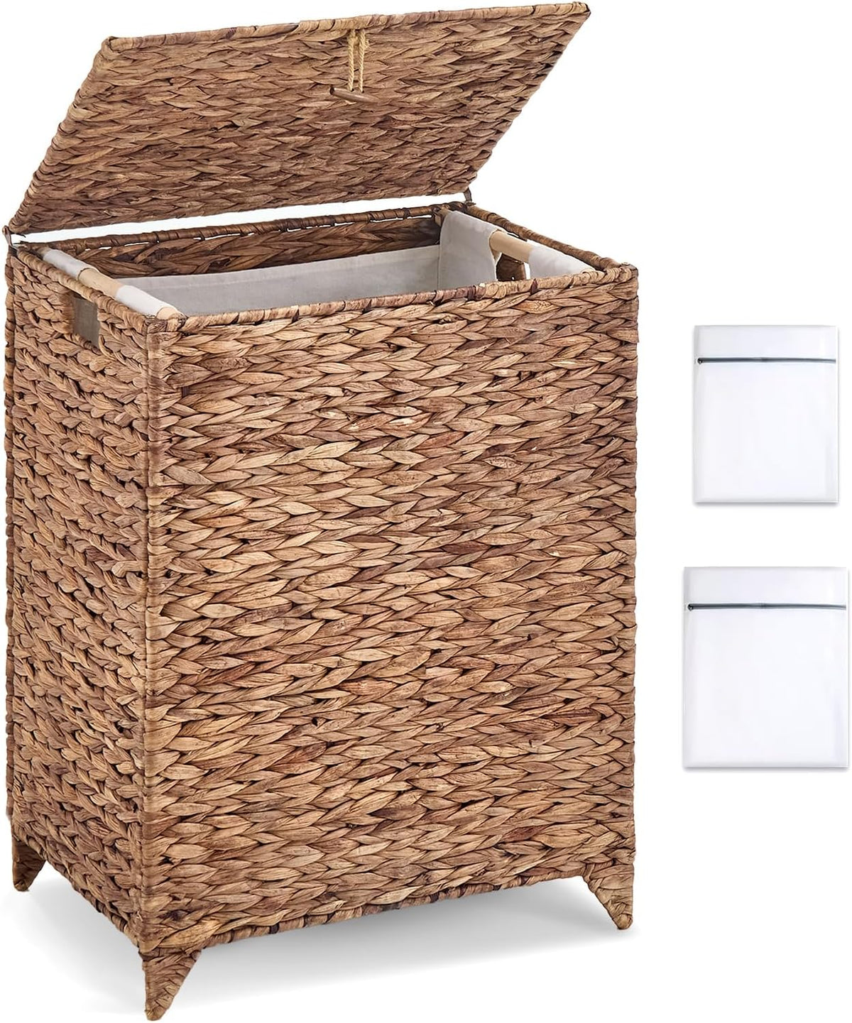Heightened Feet Laundry Hamper with Lid, 2-Section Water Hyacinth Basket
