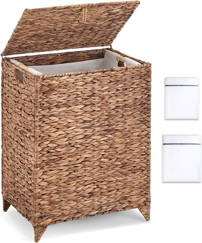 Heightened Feet Laundry Hamper with Lid, 2-Section Water Hyacinth Basket