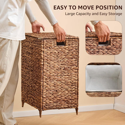 Heightened Feet Laundry Hamper with Lid, 2-Section Water Hyacinth Basket