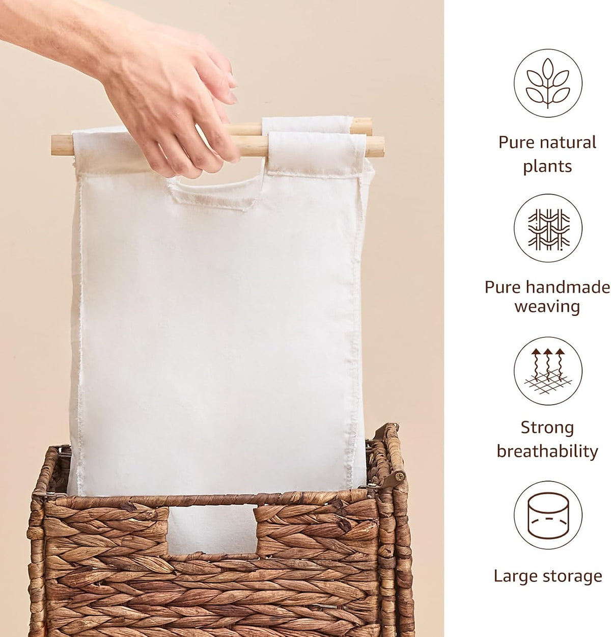 Heightened Feet Laundry Hamper with Lid, 2-Section Water Hyacinth Basket