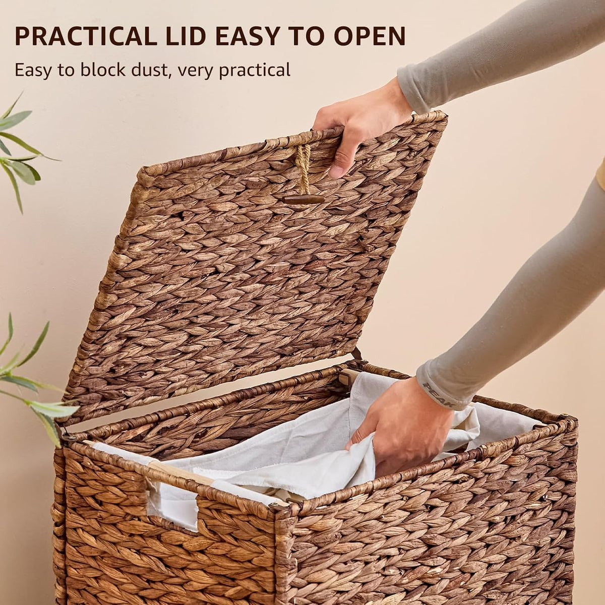 Heightened Feet Laundry Hamper with Lid, 2-Section Water Hyacinth Basket