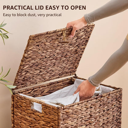 Heightened Feet Laundry Hamper with Lid, 2-Section Water Hyacinth Basket