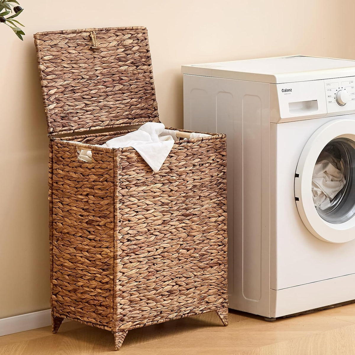 Heightened Feet Laundry Hamper with Lid, 2-Section Water Hyacinth Basket