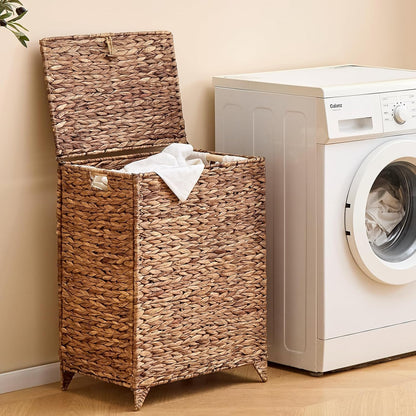 Heightened Feet Laundry Hamper with Lid, 2-Section Water Hyacinth Basket