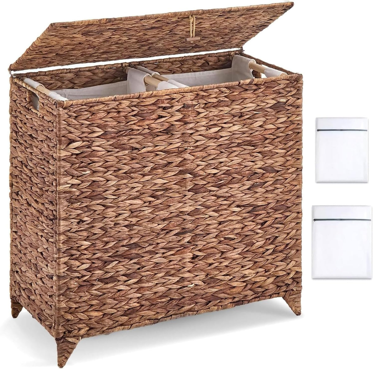 Heightened Feet Laundry Hamper with Lid, 2-Section Water Hyacinth Basket