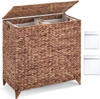 Heightened Feet Laundry Hamper with Lid, 2-Section Water Hyacinth Basket
