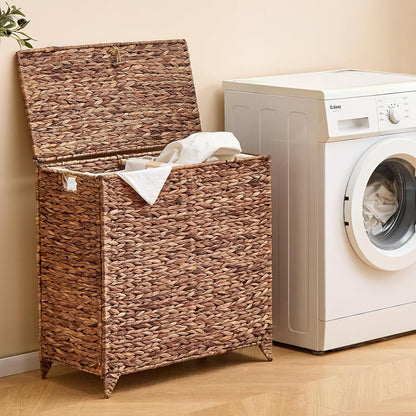 Heightened Feet Laundry Hamper with Lid, 2-Section Water Hyacinth Basket