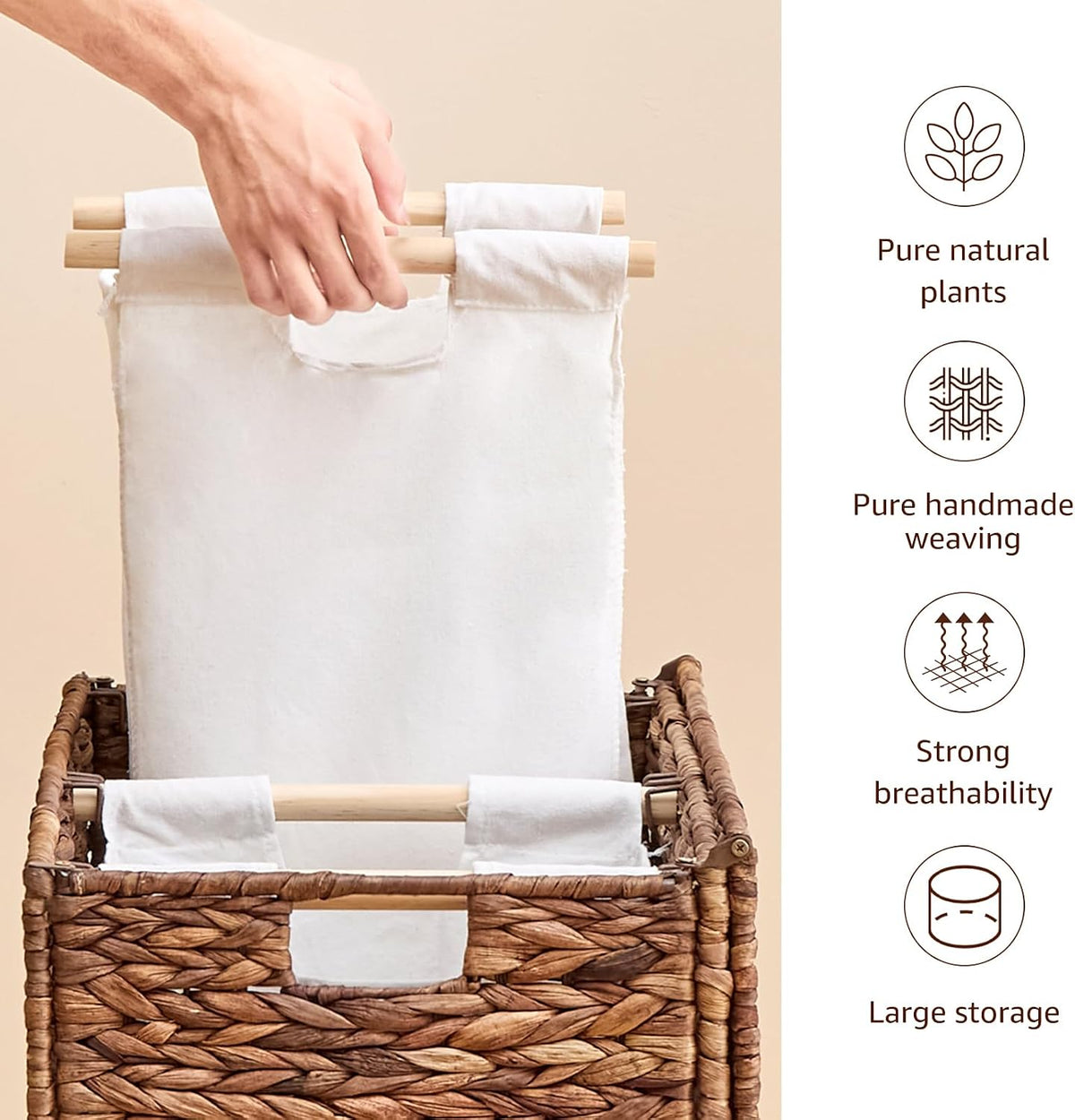 Heightened Feet Laundry Hamper with Lid, 2-Section Water Hyacinth Basket