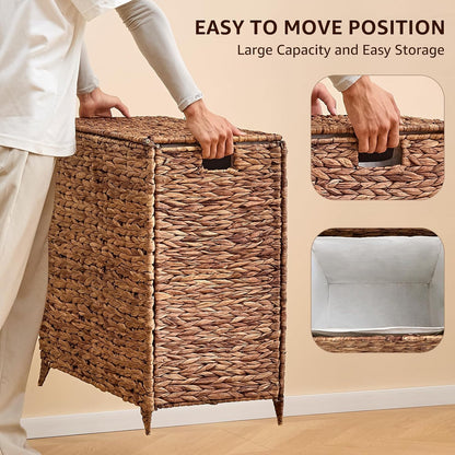 Heightened Feet Laundry Hamper with Lid, 2-Section Water Hyacinth Basket