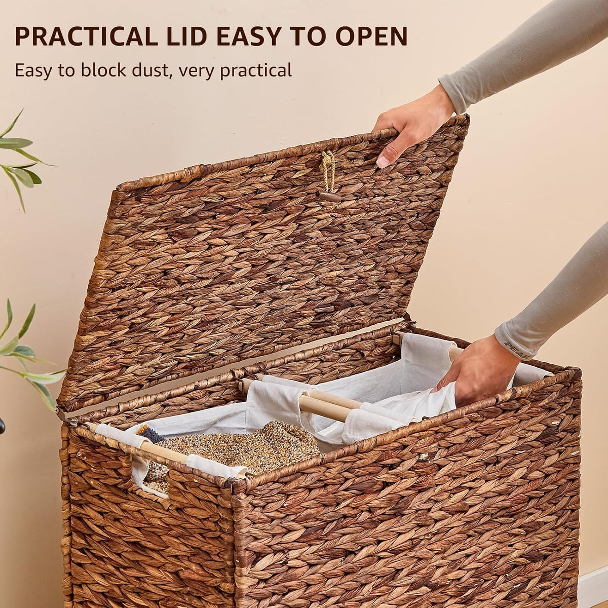 Heightened Feet Laundry Hamper with Lid, 2-Section Water Hyacinth Basket