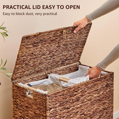 Heightened Feet Laundry Hamper with Lid, 2-Section Water Hyacinth Basket