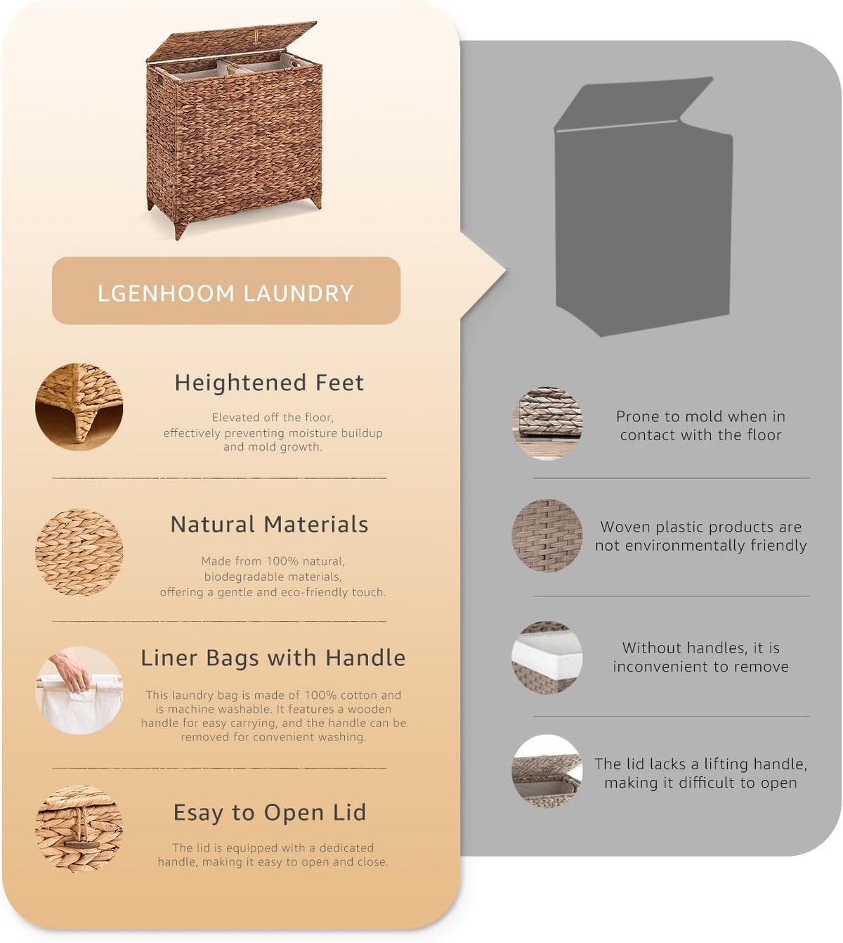 Heightened Feet Laundry Hamper with Lid, 2-Section Water Hyacinth Basket