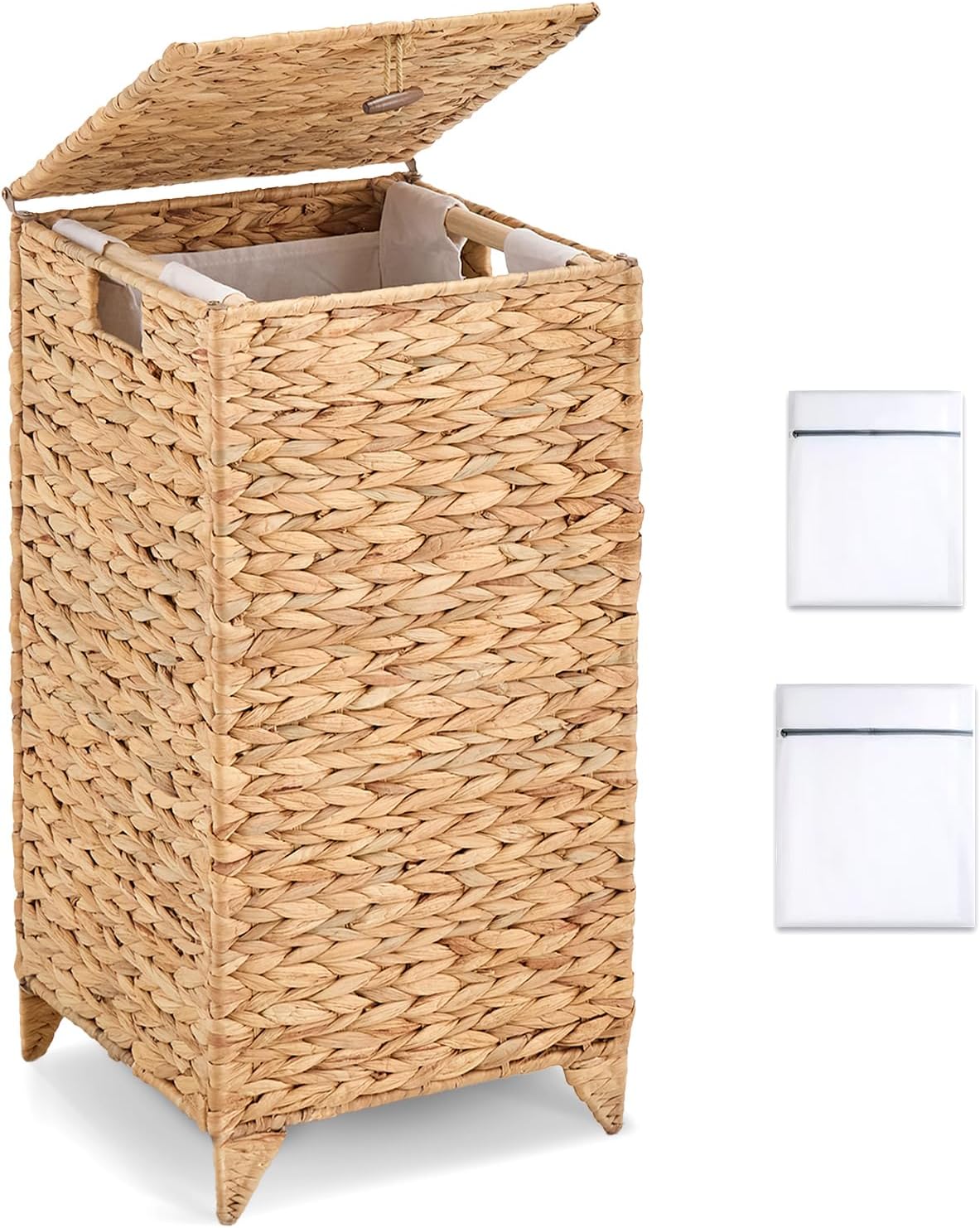 Heightened Feet Laundry Hamper with Lid, 2-Section Water Hyacinth Basket