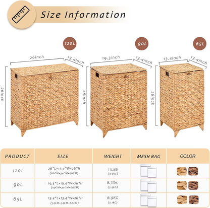 Heightened Feet Laundry Hamper with Lid, 2-Section Water Hyacinth Basket