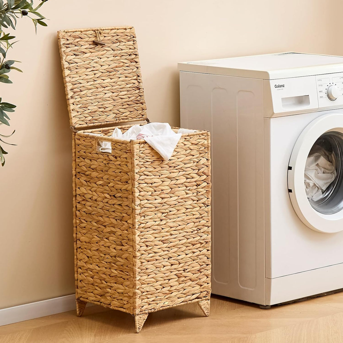 Heightened Feet Laundry Hamper with Lid, 2-Section Water Hyacinth Basket