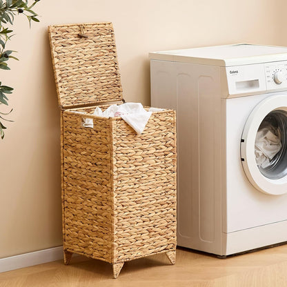Heightened Feet Laundry Hamper with Lid, 2-Section Water Hyacinth Basket