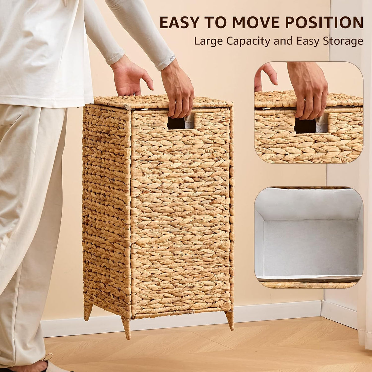 Heightened Feet Laundry Hamper with Lid, 2-Section Water Hyacinth Basket