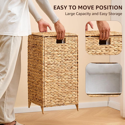 Heightened Feet Laundry Hamper with Lid, 2-Section Water Hyacinth Basket