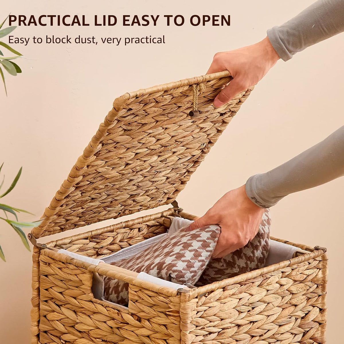 Heightened Feet Laundry Hamper with Lid, 2-Section Water Hyacinth Basket