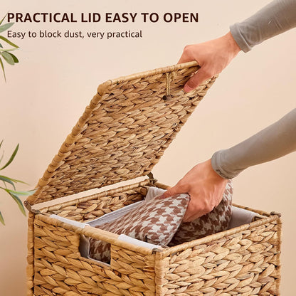 Heightened Feet Laundry Hamper with Lid, 2-Section Water Hyacinth Basket