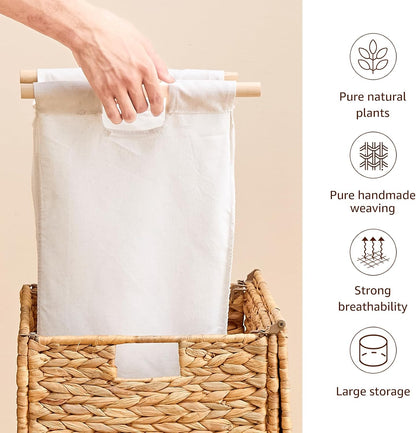 Heightened Feet Laundry Hamper with Lid, 2-Section Water Hyacinth Basket