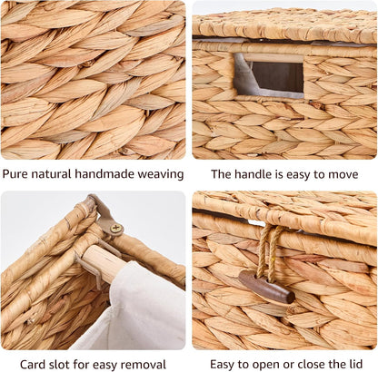 Heightened Feet Laundry Hamper with Lid, 2-Section Water Hyacinth Basket