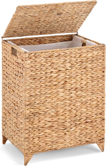 Heightened Feet Laundry Hamper with Lid, 2-Section Water Hyacinth Basket