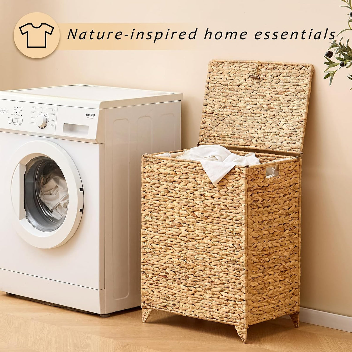 Heightened Feet Laundry Hamper with Lid, 2-Section Water Hyacinth Basket