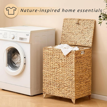 Heightened Feet Laundry Hamper with Lid, 2-Section Water Hyacinth Basket