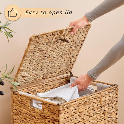 Heightened Feet Laundry Hamper with Lid, 2-Section Water Hyacinth Basket
