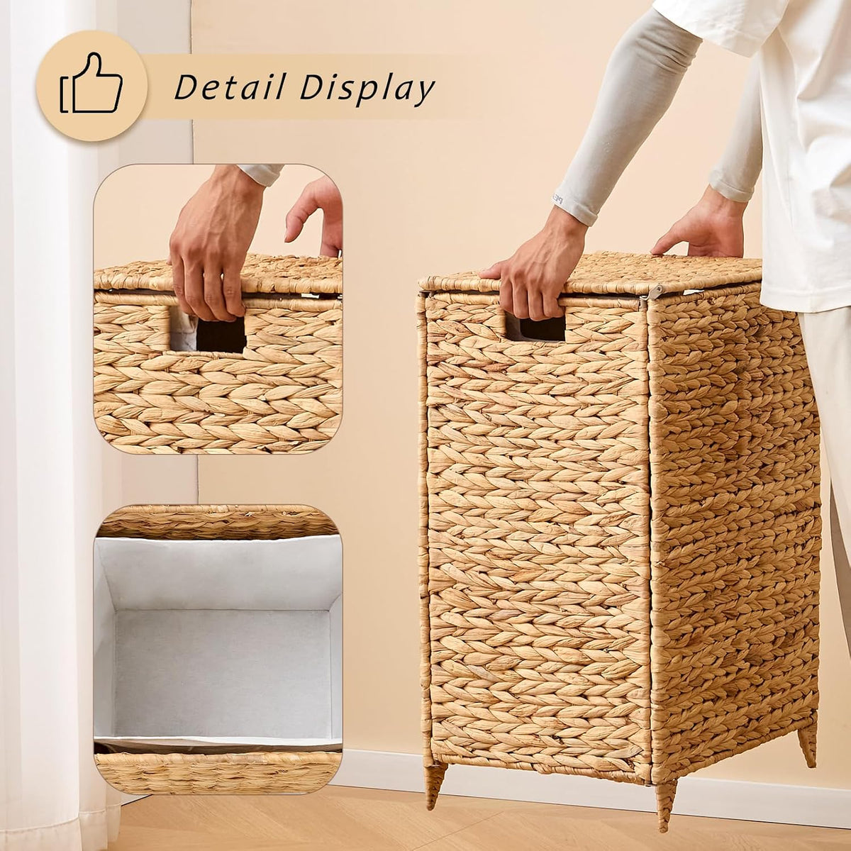 Heightened Feet Laundry Hamper with Lid, 2-Section Water Hyacinth Basket