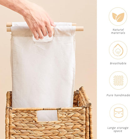 Heightened Feet Laundry Hamper with Lid, 2-Section Water Hyacinth Basket