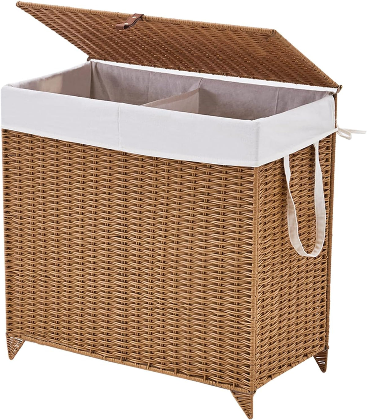 Heightened Feet Laundry Hamper with Lid, 2-Section Water Hyacinth Basket